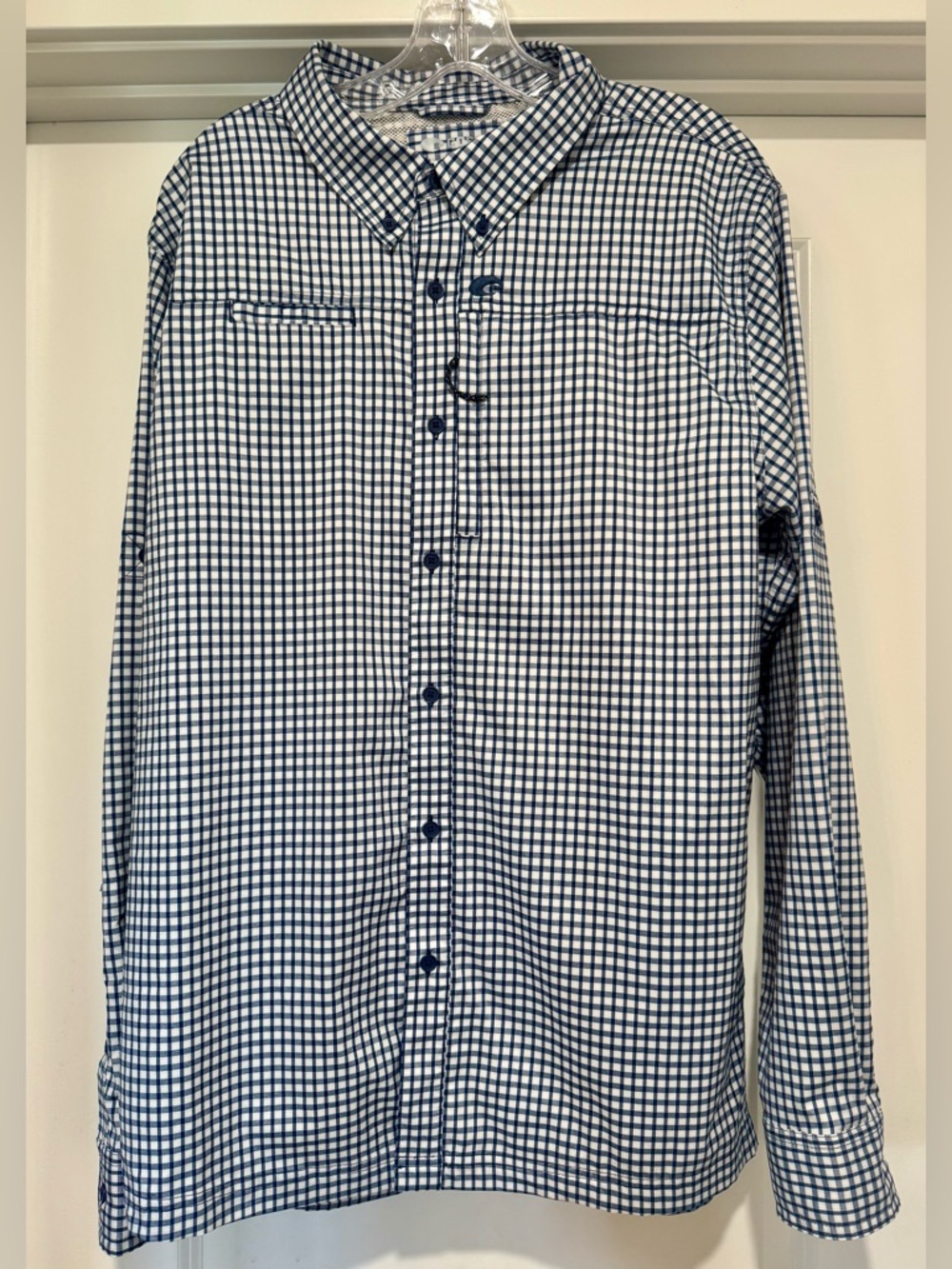 Costa Men’s Navy and White Check Button-Down Fishing Shirt Size L